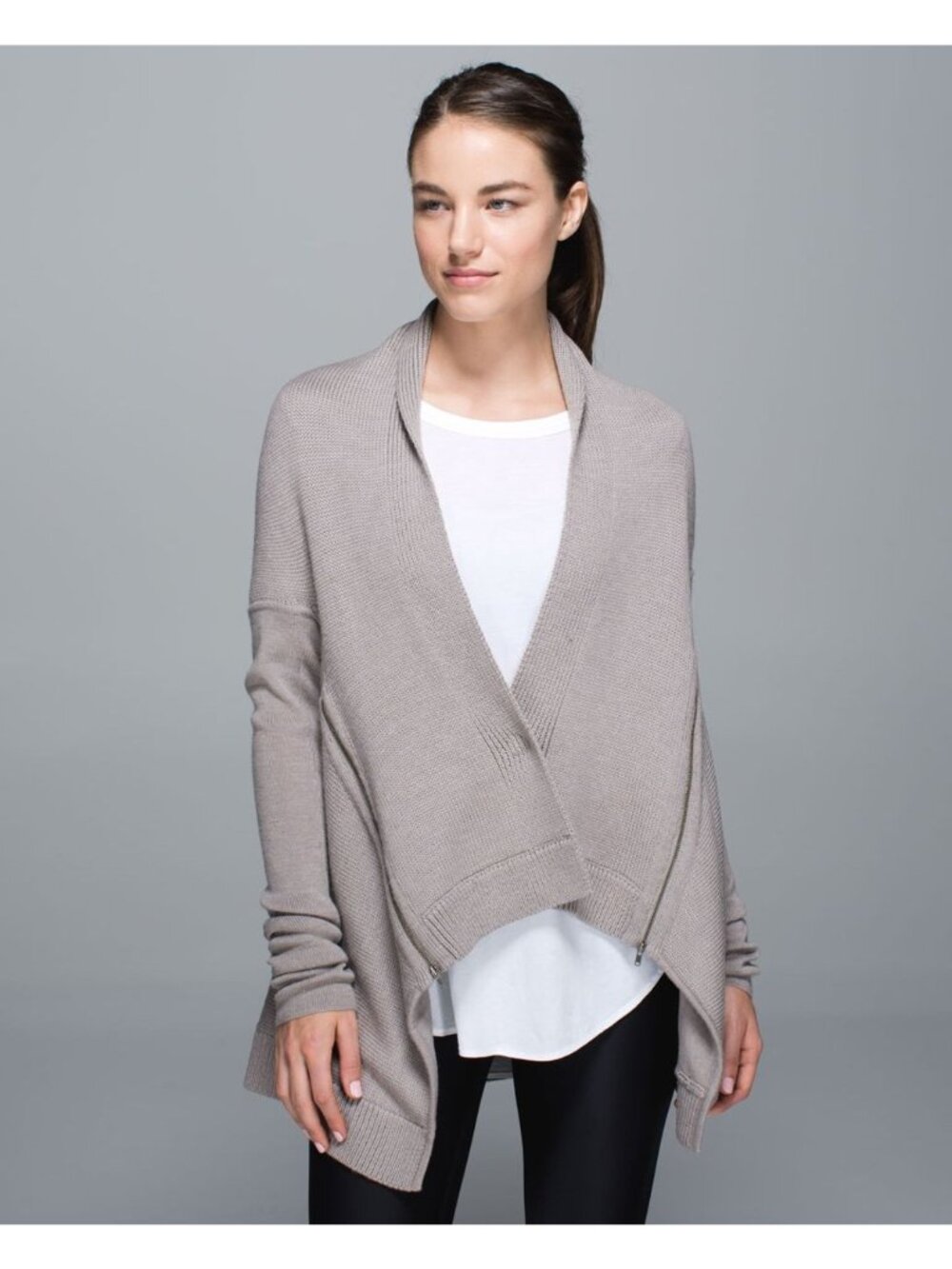 Lululemon Wrap It Up Sweater Asymmetrical Draped Hem Zip Pockets Taupe Small